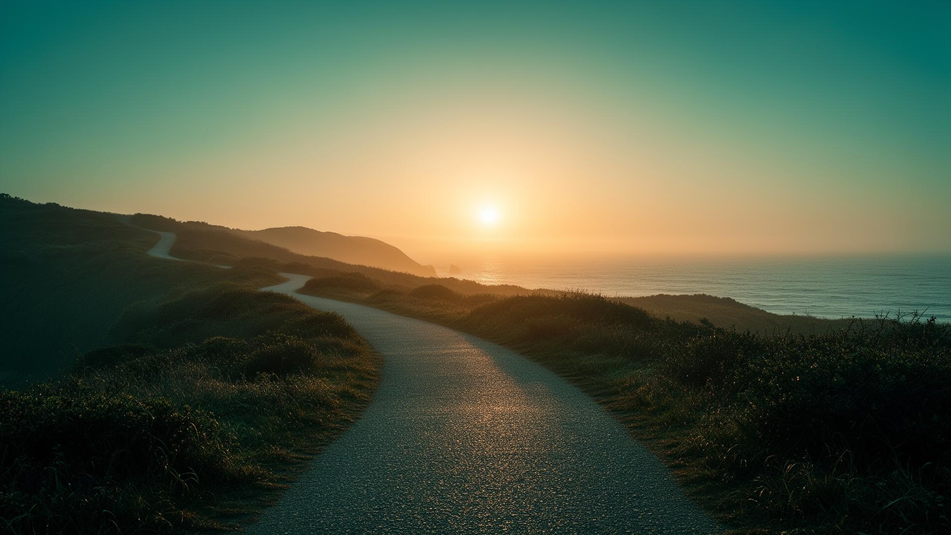 A path winding toward a bright horizon at sunrise